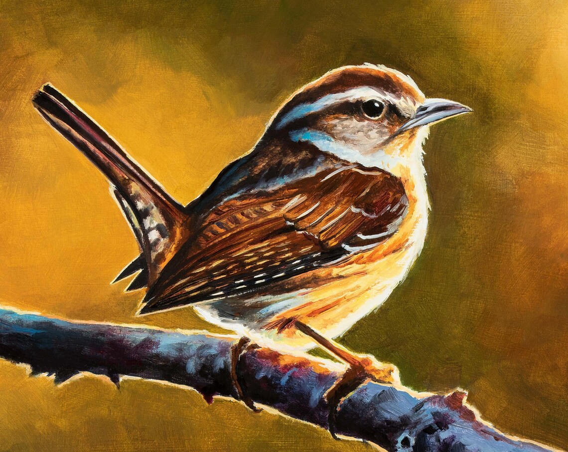 Wren Bird Oil Painting, Rustic Nursery Art Print