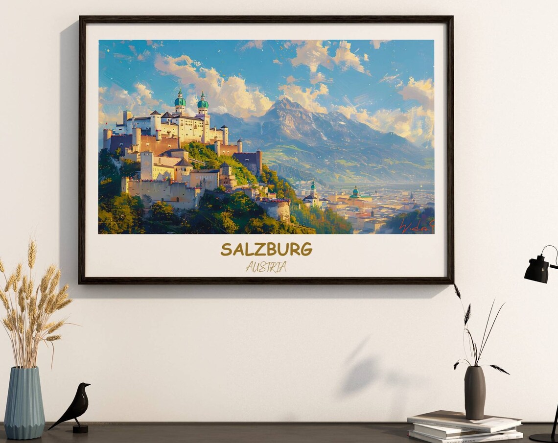 Salzburg Austria Hohensalzburg Fortress Hilltop Old Town Travel Poster