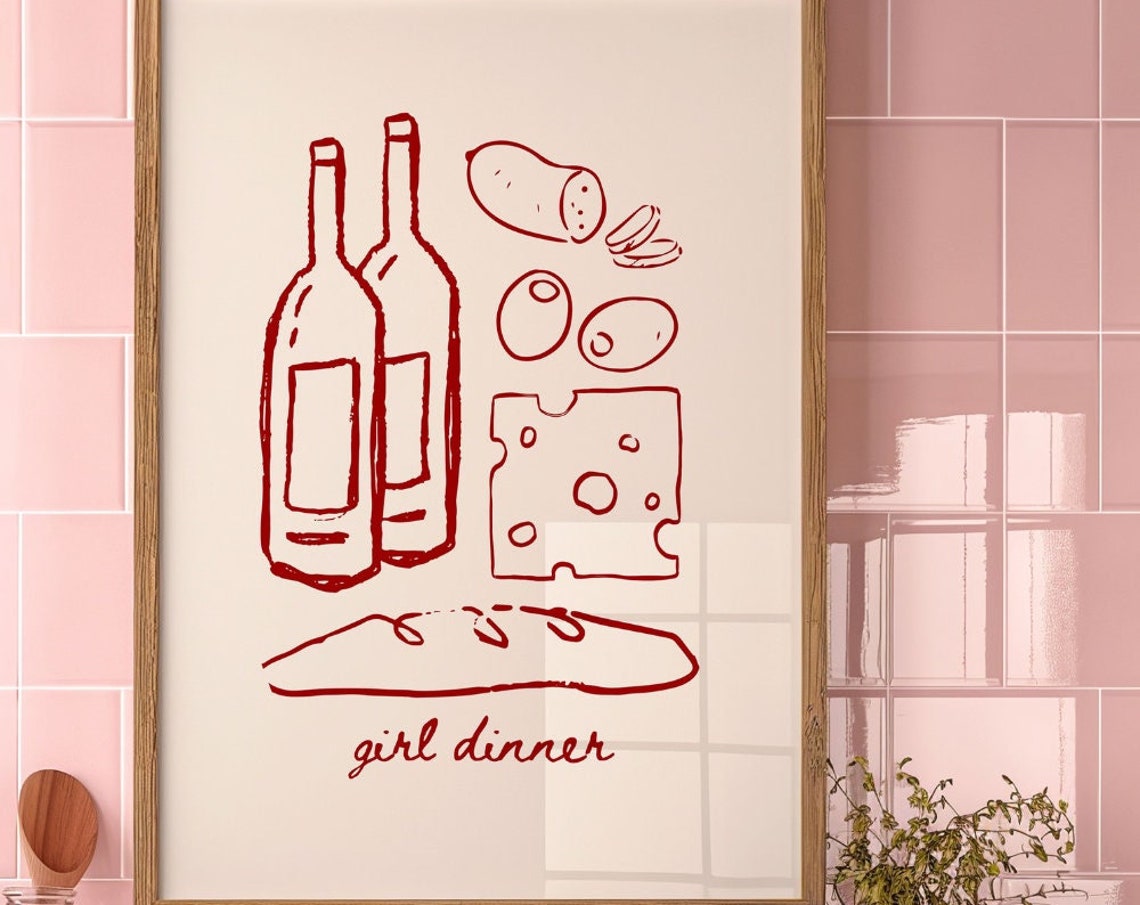 Girl Dinner Red Line Art Wine Bottles Cheese Kitchen Wall Poster - Image 3