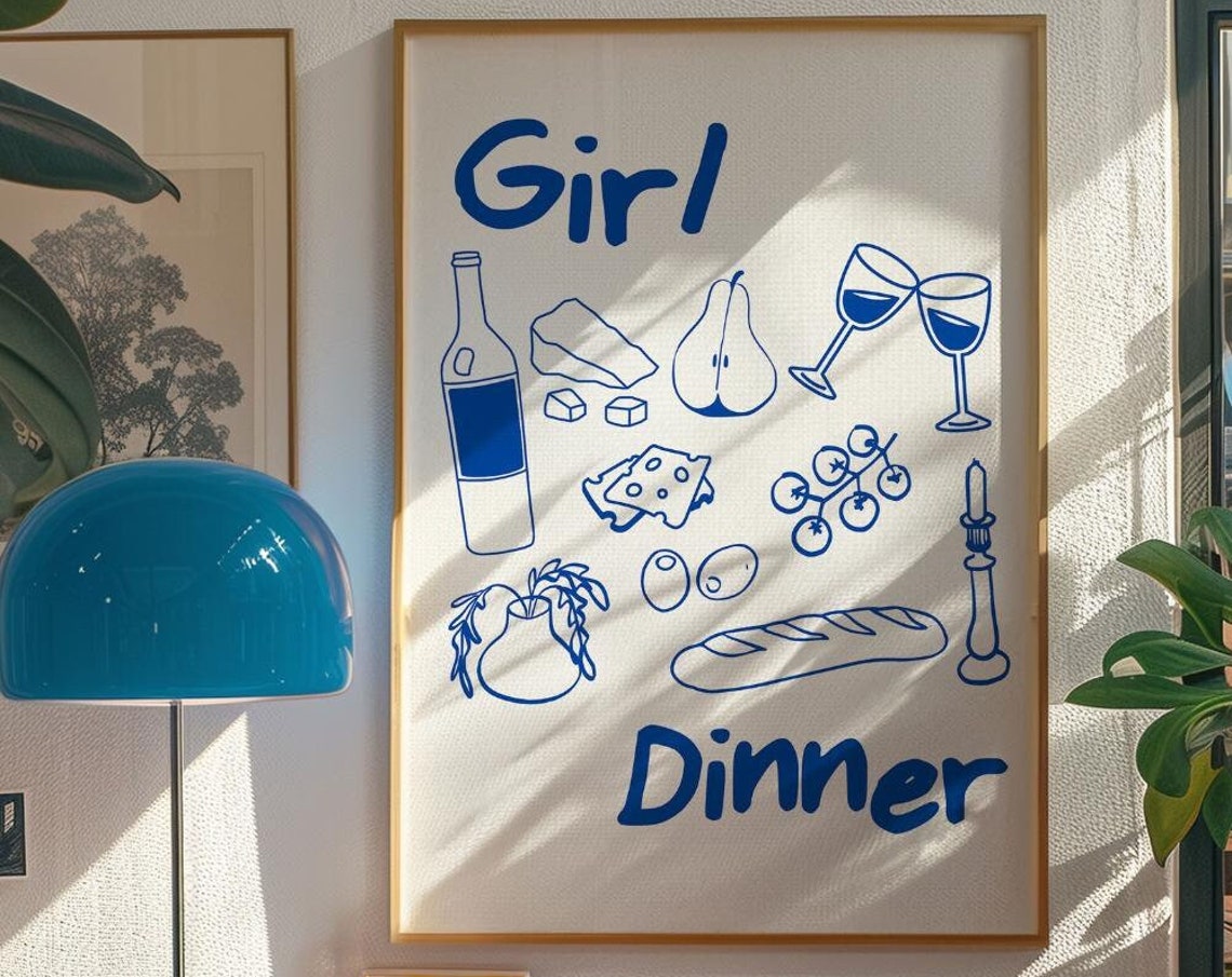 Girl Dinner Blue Line Art Wine Cheese Baguette Kitchen Wall Poster - Image 4