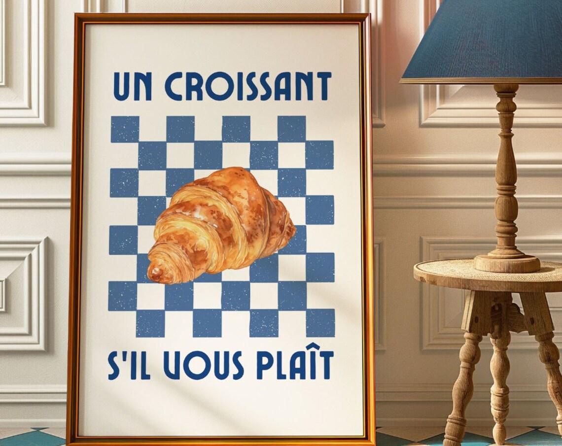 Croissant Print Retro French Cafe Poster Cool Trendy Wall Art Kitchen Decor Foodie Food Lover Gifts Retro Eclectic Aesthetic Blue Wall Art