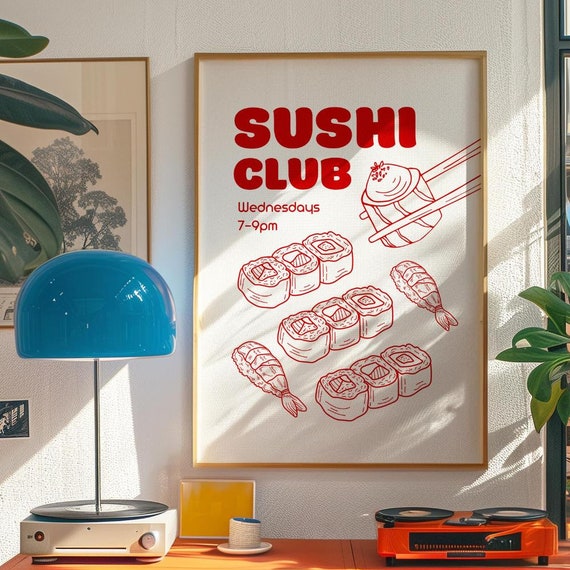 Cute Food Print Art Sushi Club Cool Kitchen Wall Art Gift For Foodie Old Retro Aesthetics Girly Print Indie Room Decor