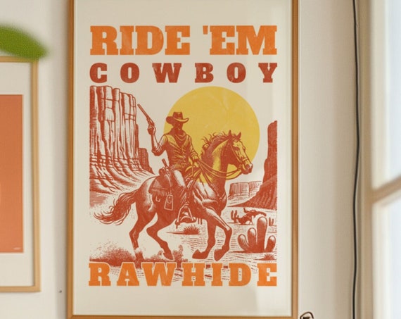 Ride Em Cowboy Art Print Retro Western Wall Art Southwest Home Decor Cool Trendy Cowboy Art Vintage Inspired Red Art