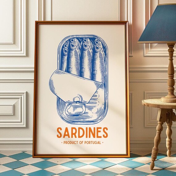 Sardines Print Product Of Portugal Poster Retro Wall Art Kitchen Decor Foodie Poster Tinned Fish Foodie Gifts Eclectic Cool Trendy Wall Art