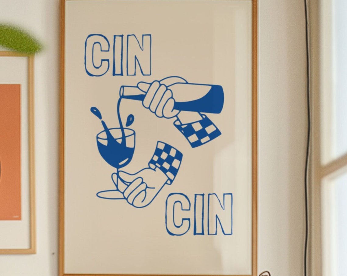 Cin Cin Cheers Wine Pour Blue Line Art Kitchen Bar Cart Poster - Image 3