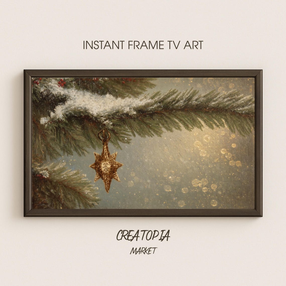 Samsung Frame Tv Art Antique Christmas Star On Snowy Pine Holiday Painting