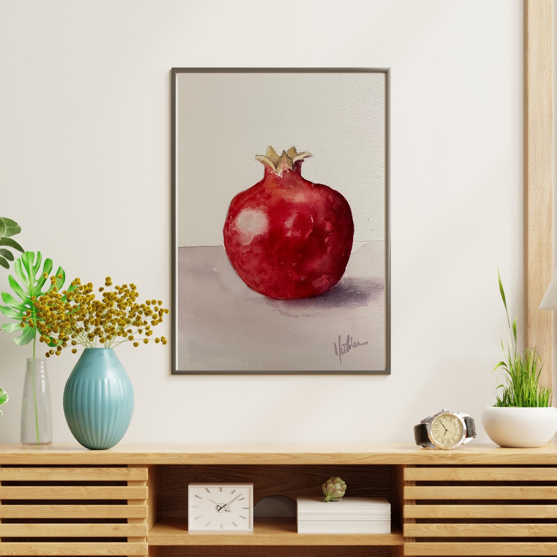 Single Red Pomegranate Fruit Minimalist Watercolor Still Life Poster - Image 7