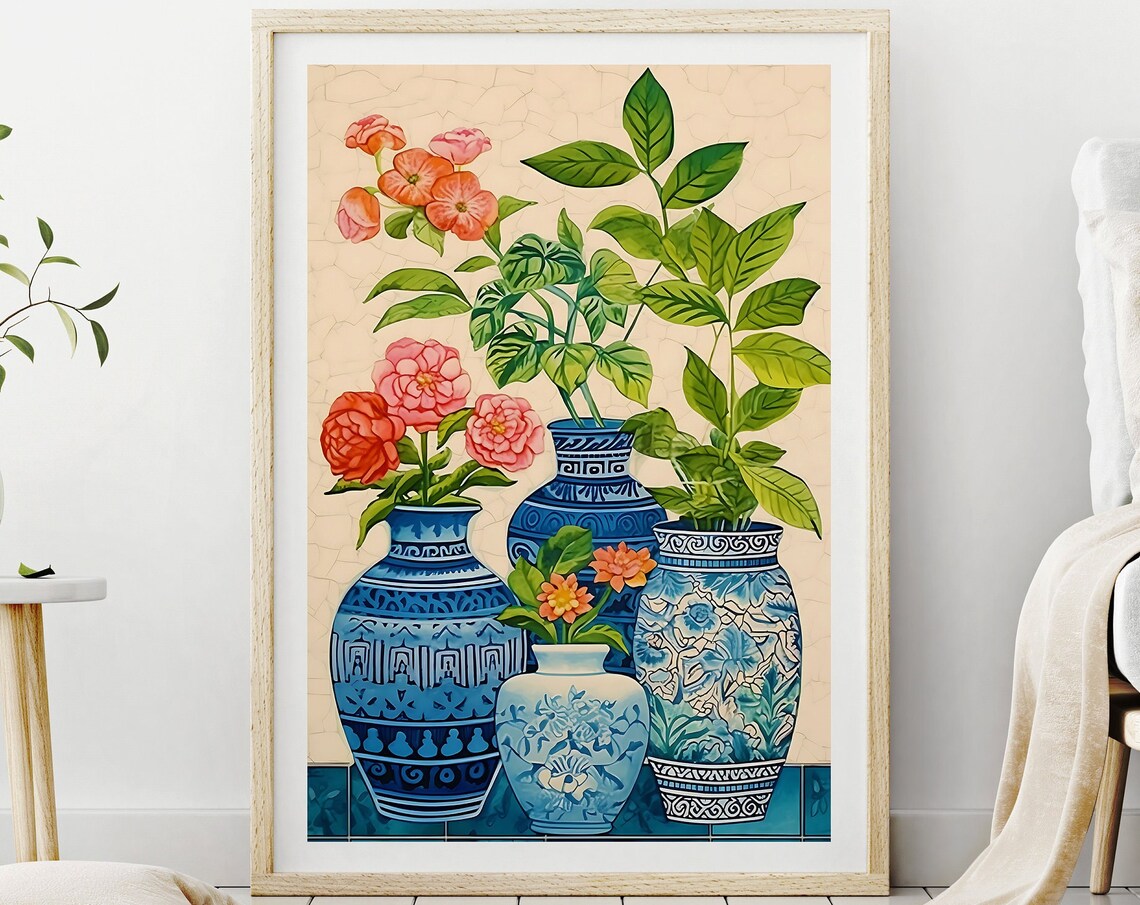 Flowers In A Tile Vase Boho Botanical Art Print