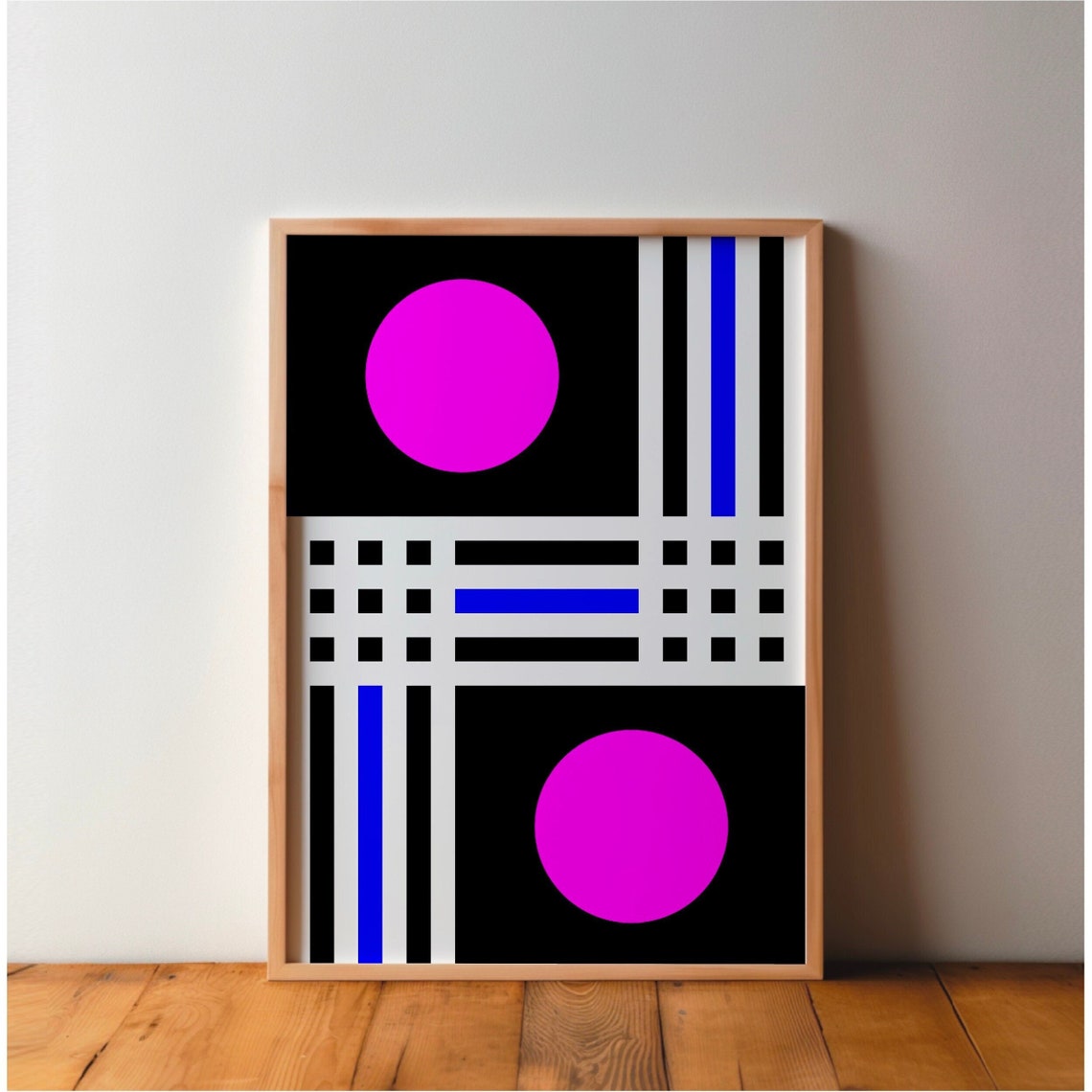 Bold Magenta Circles and Black Grid Bauhaus Abstract Art Poster