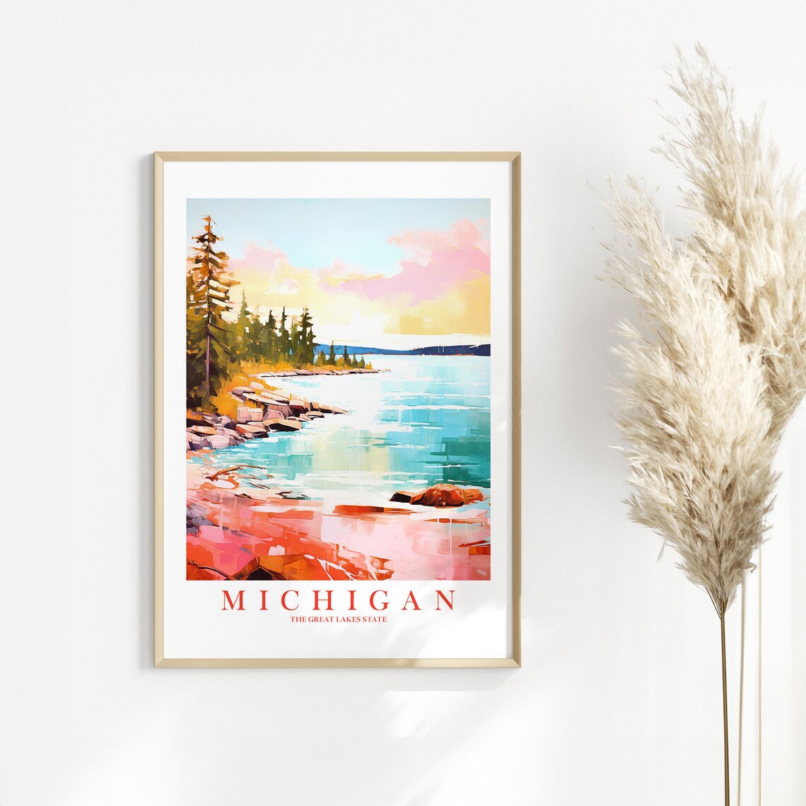 Michigan Travel Poster, Retro Pink Orange Teal Poster