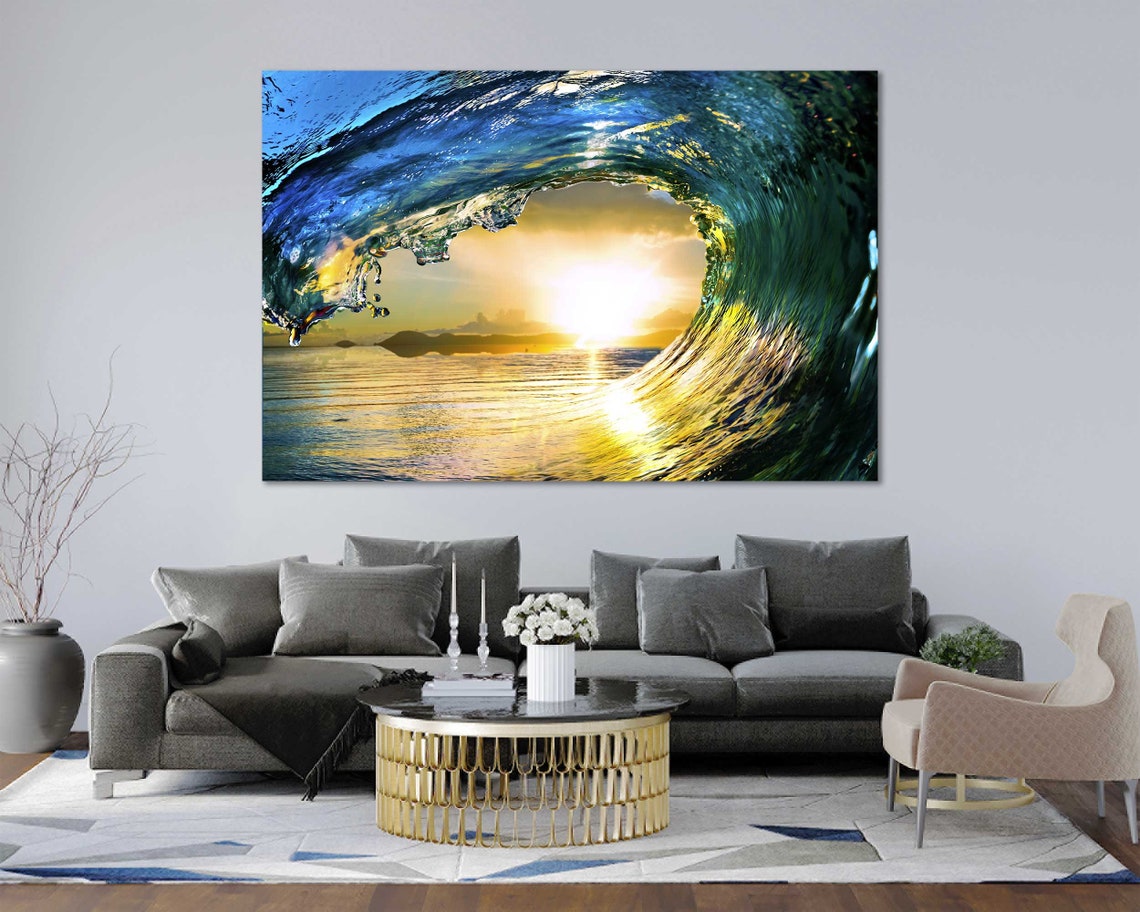 Ocean Wave Barrel Sunset Golden Light Surf Photography Wall Art