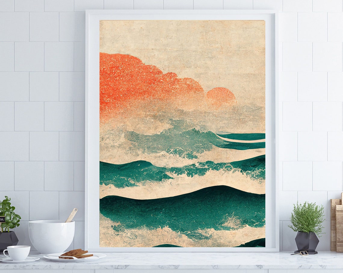 Japanese Wave Ocean Red Sun Vintage Texture Japandi Wall Art