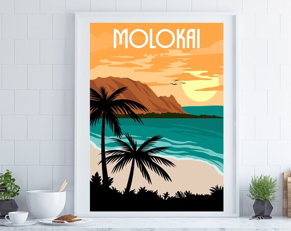 Molokai Hawaii Hawaii Poster Hawaii Wall Art Travel Poster Retro Travel Poster Hawaii Print Retro Poster Coastal Decor New Home Gift