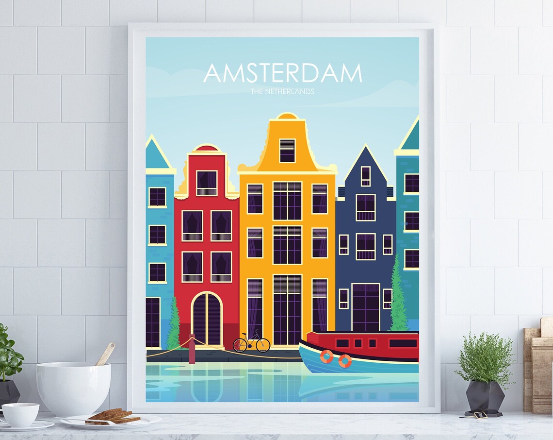 Amsterdam Travel Poster, Retro Style Print