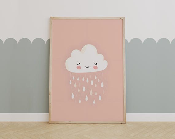 Adorable Blush Cloud Wall Art Cute Rainy Day Nursery Print For Kids Room Decor