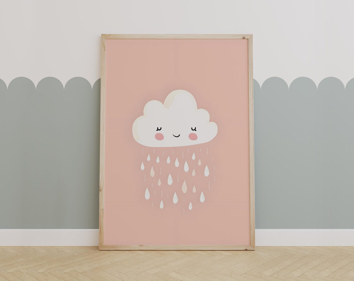 Adorable Blush Cloud Wall Art Cute Rainy Day Nursery Print For Kids Room Decor