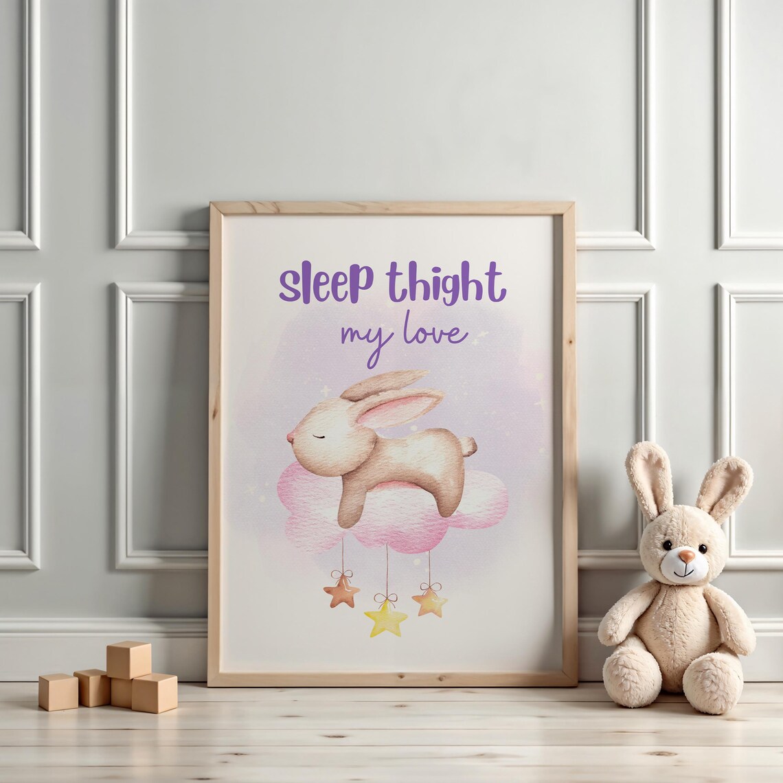 Sleeping Bunny On Pink Cloud Stars Nursery Bedtime Quote Poster - Image 3