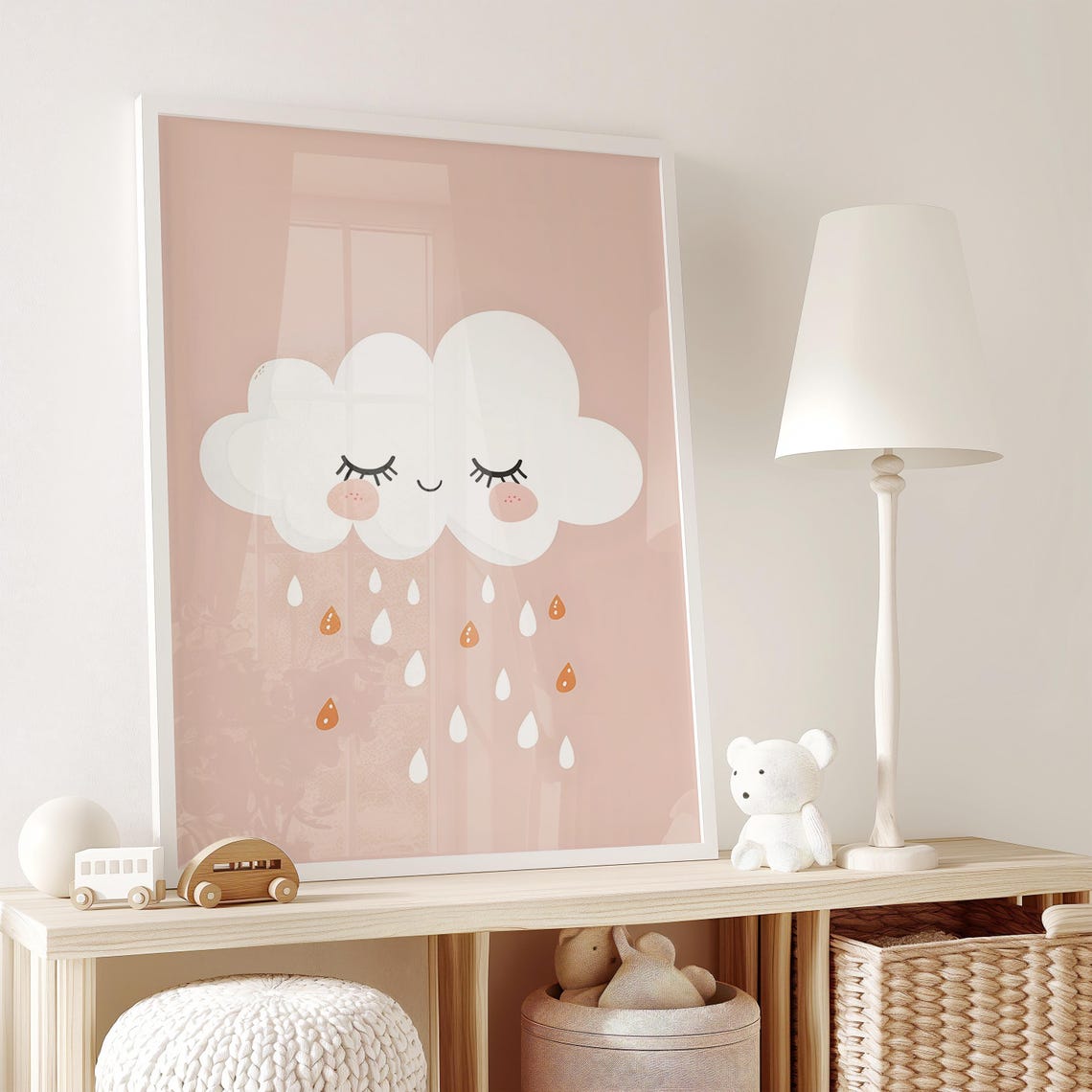 Sleepy Smiling Cloud Drizzling Raindrops Blush Nursery Poster - Image 2