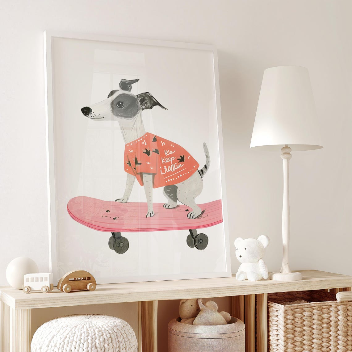 Whippet in a Coral Shirt Cruising on a Pink Skateboard Poster - Image 2