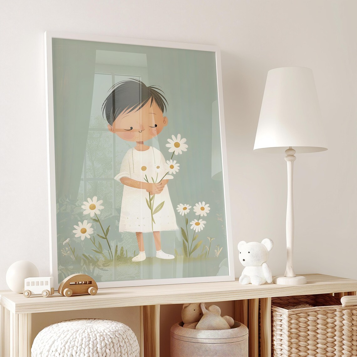 Little Girl Holding Daisies Cute Illustration Kids Room Wall Poster - Image 2