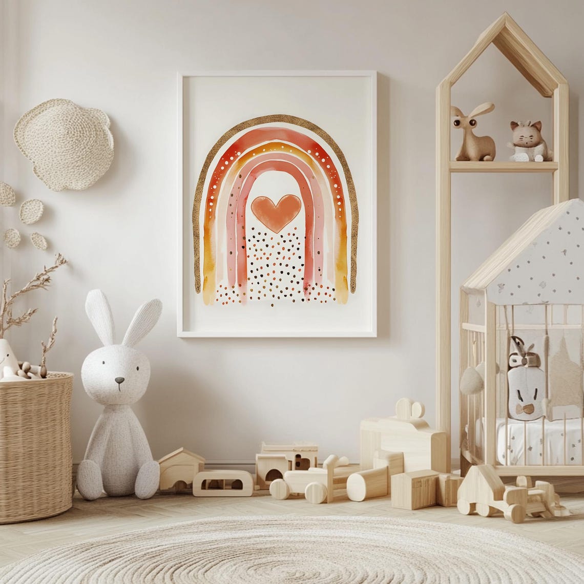 Boho Rainbow Heart Wall Art Warm Tones For Nursery Kids Room Decor - Image 4