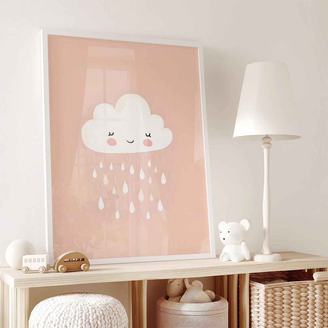 Adorable Blush Cloud Wall Art Cute Rainy Day Nursery Print For Kids Room Decor - Image 2