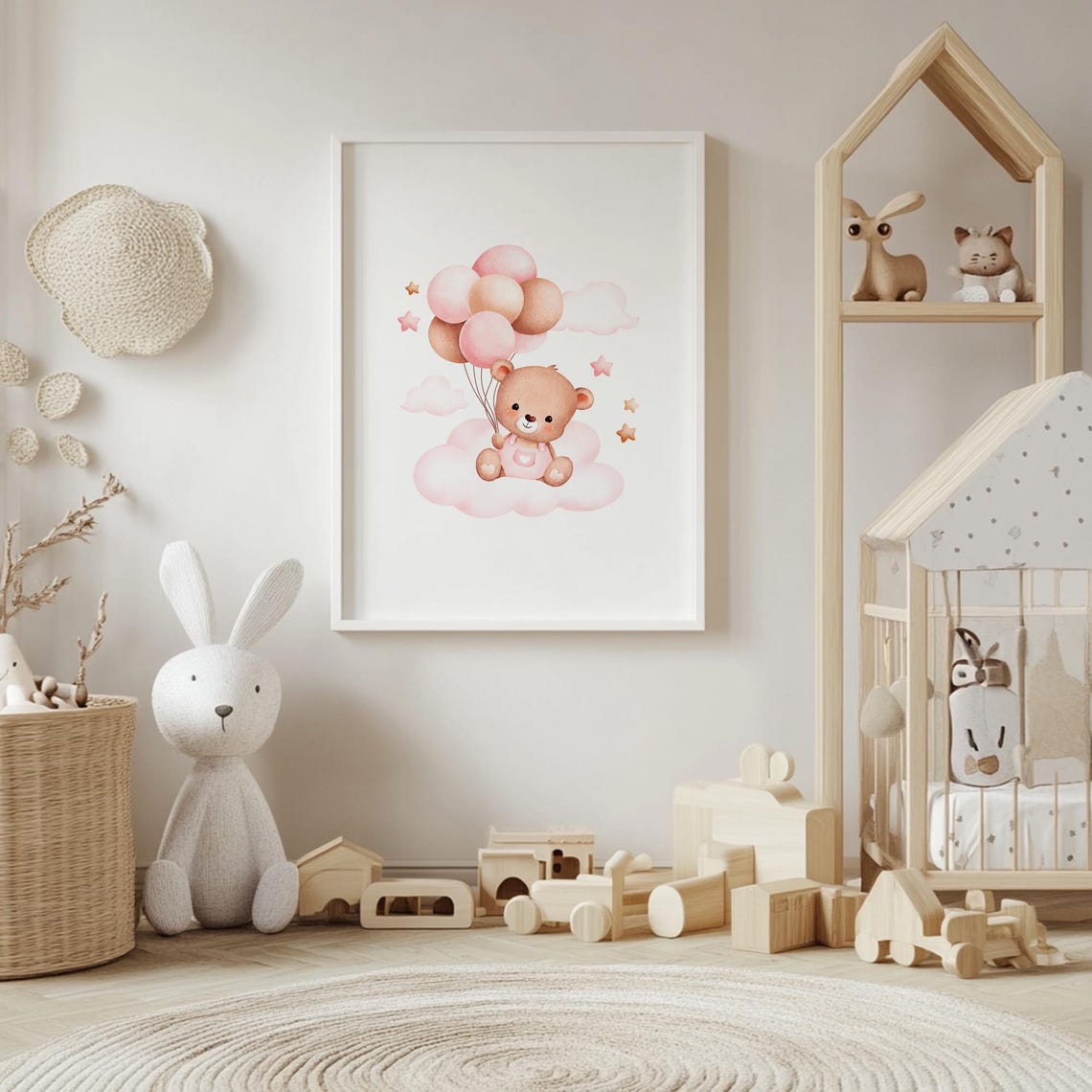 Sweet Teddy Bear Floating on Balloons Above Pink Clouds Poster - Image 4