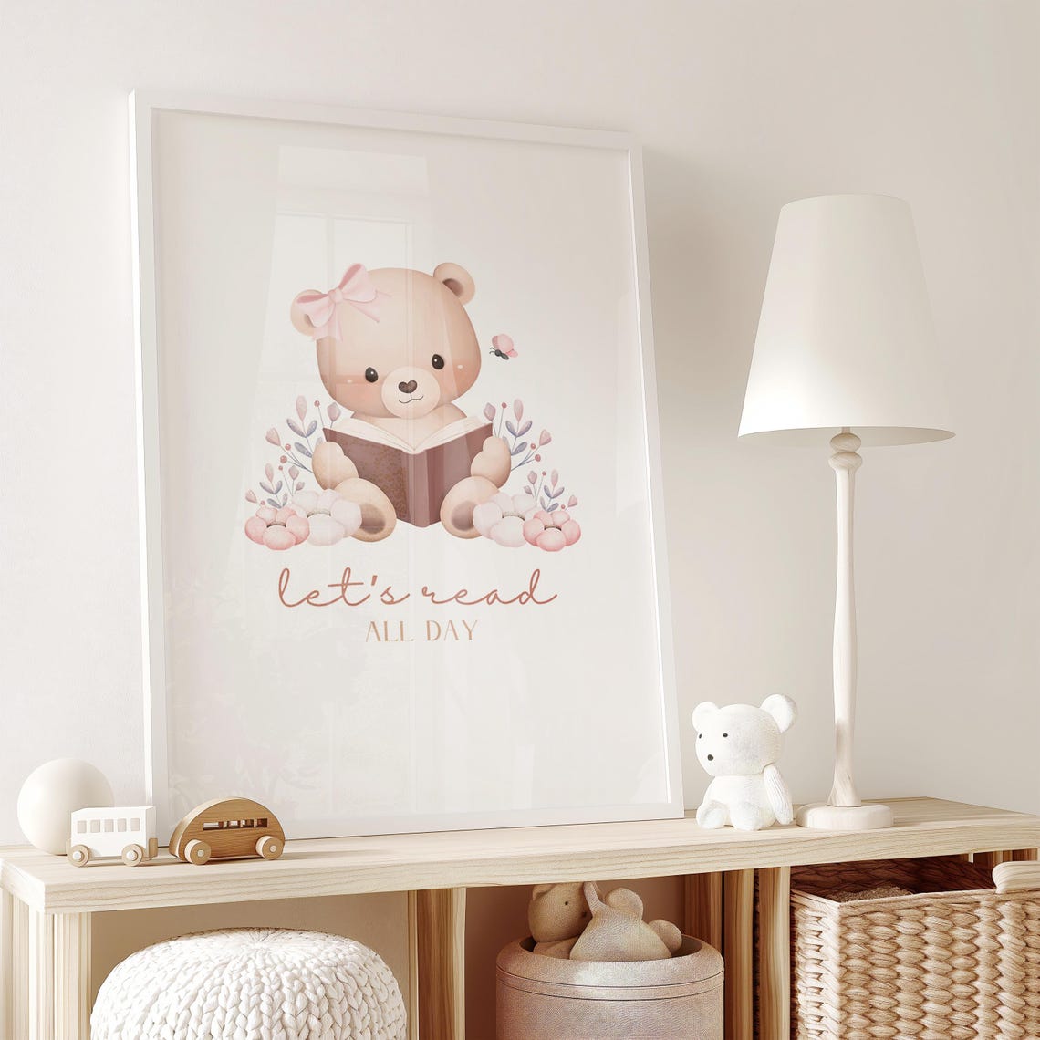 Let's Read All Day Teddy Bear With Book Floral Quote Art Poster - Image 2