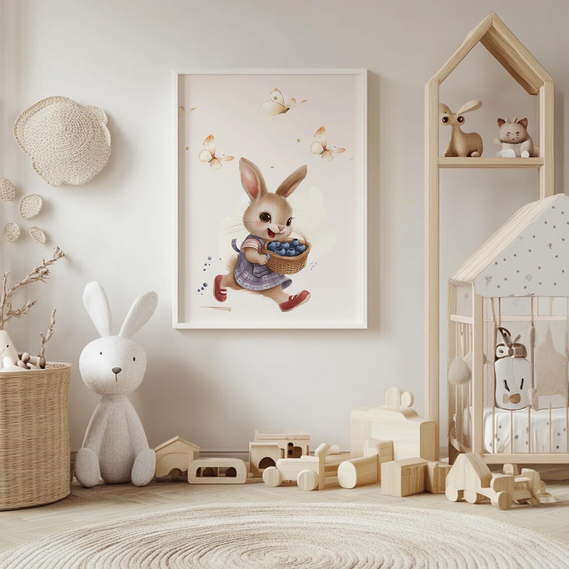 Bunny Carrying Blueberry Basket Butterflies Watercolor Kids Poster - Image 4