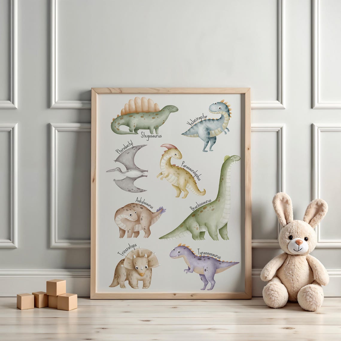 Cute Watercolor Dinosaur Chart With Species Names Kids Room Poster - Image 3