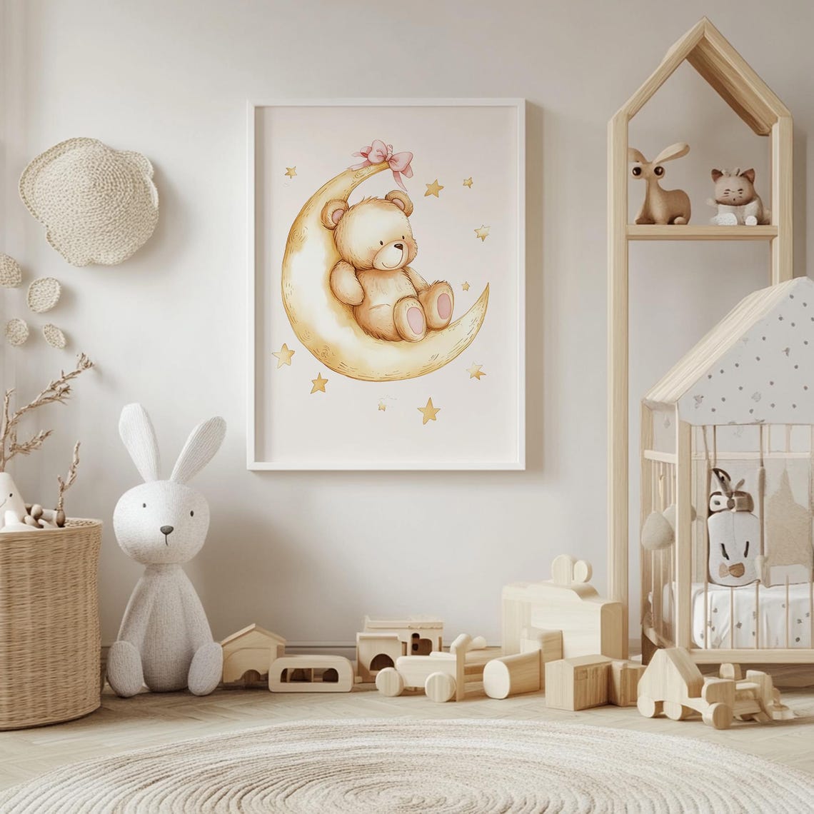 Teddy Bear Sleeping On Crescent Moon Pink Bow Nursery Wall Poster - Image 4
