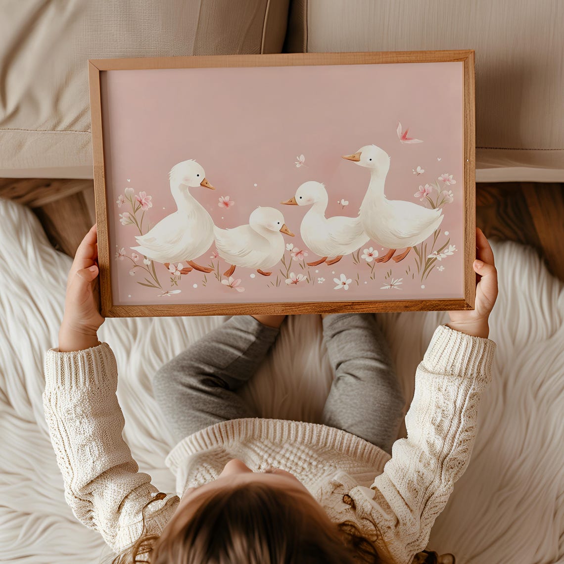 Quirky White Geese Strolling Through Blossoms on Blush Pink Poster - Image 3