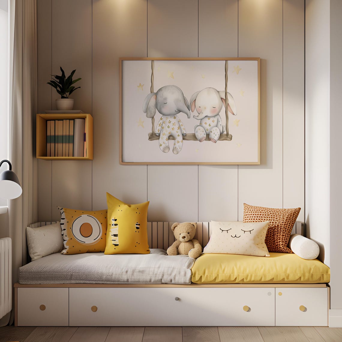 Two Baby Elephants On Swing In Pajamas Dreamy Nursery Wall Poster - Image 5