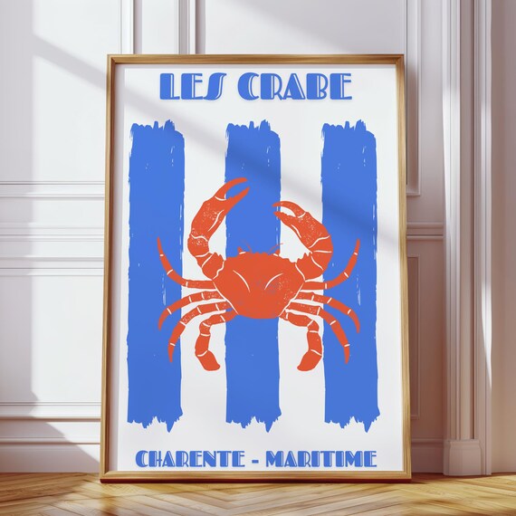 Le Crabe Print Crab Poster Blue Nautical Kitchen Decor French Seafood Art Dinner Party Print Vintage Style Food Retro