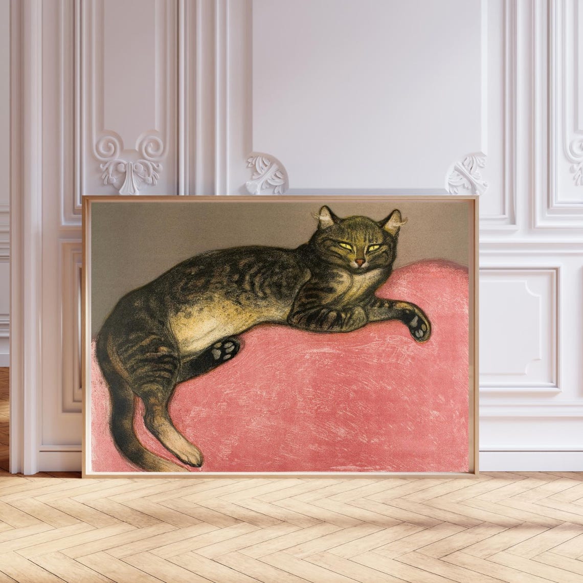 Vintage Tabby Cat Painting Retro Pink Cushion Pet Portrait Poster