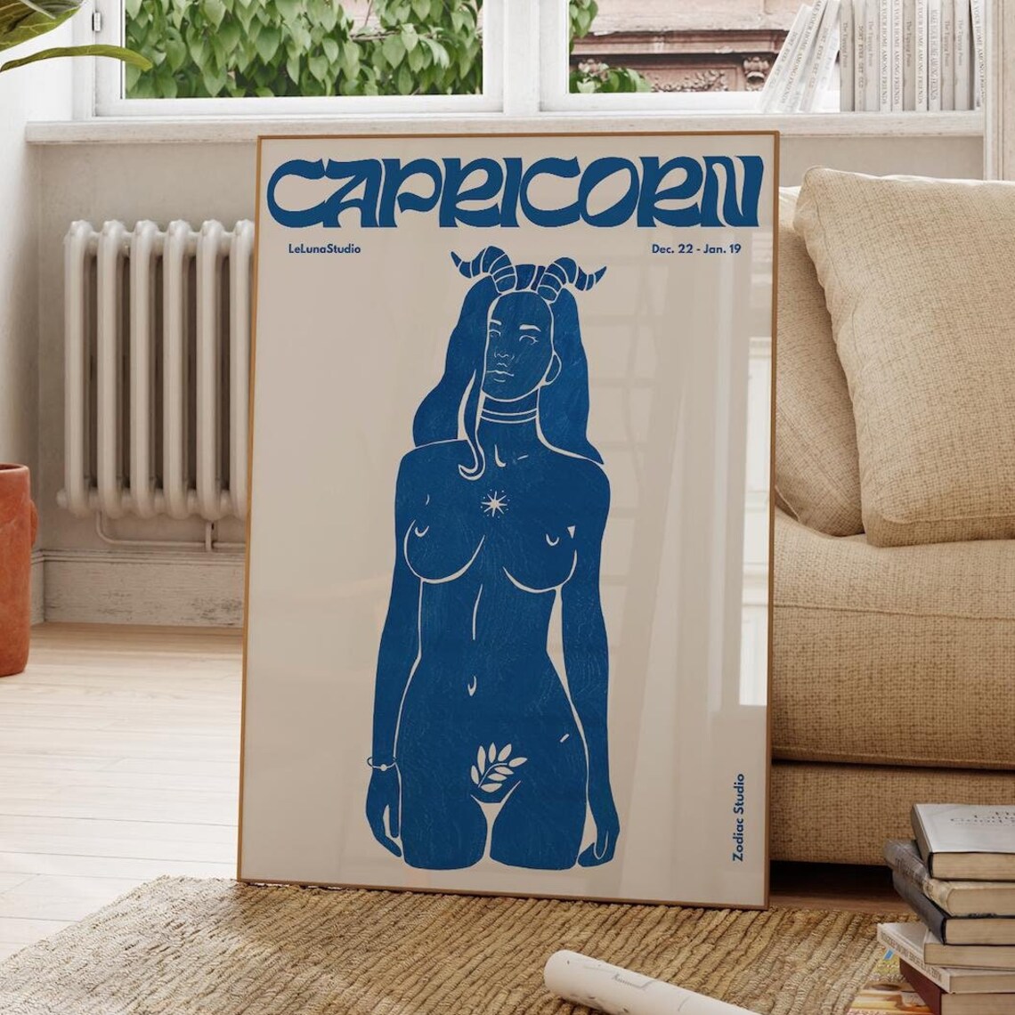 Capricorn Zodiac Goddess Blue Retro Horoscope Sign Art Poster