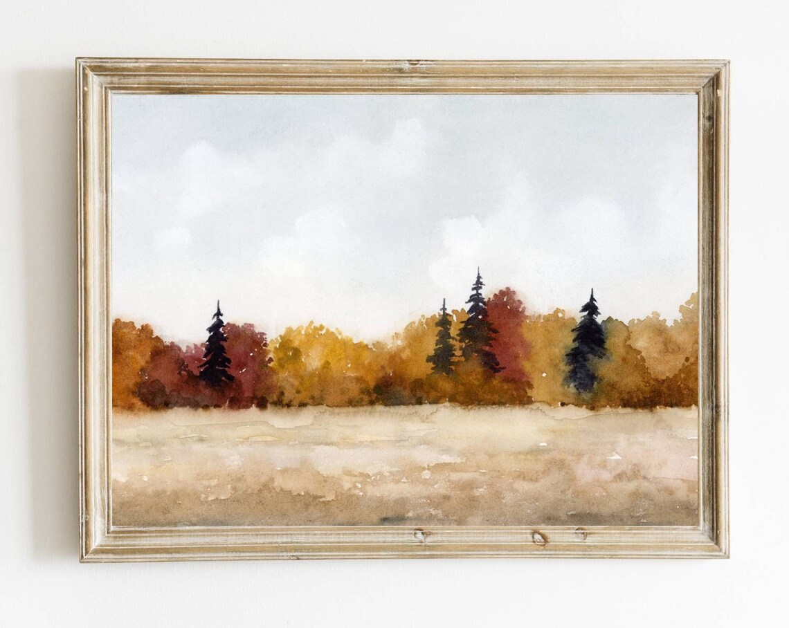 Fall Tree Wall Art, Autumn Landscape Watercolor Print