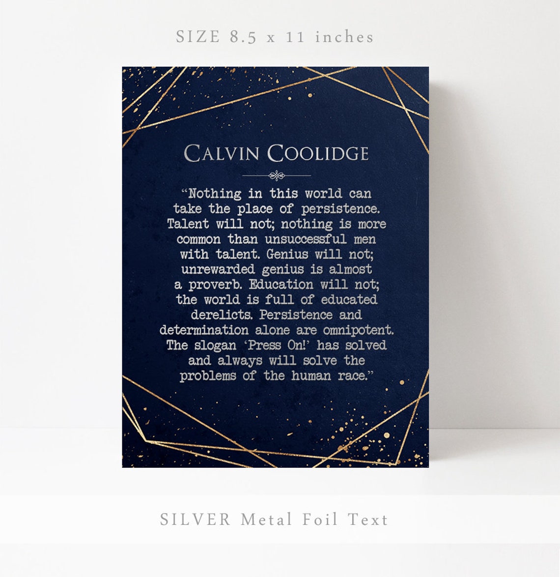 Calvin Coolidge Persistence Quote Navy Gold Geometric Lines Poster - Image 2
