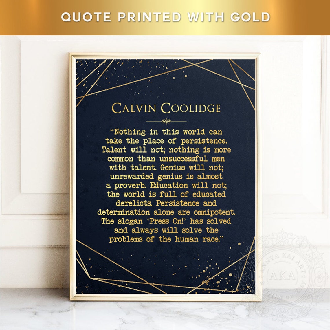 Calvin Coolidge Persistence Quote Navy Gold Geometric Lines Poster - Image 4