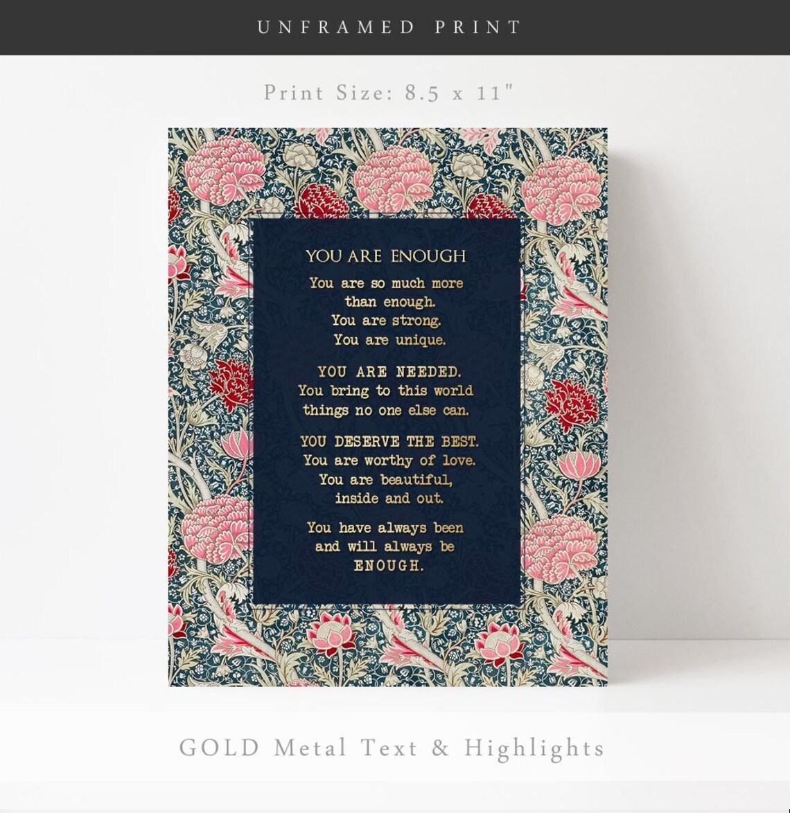 You Are Enough William Morris Floral Affirmation Quote Wall Art - Image 2