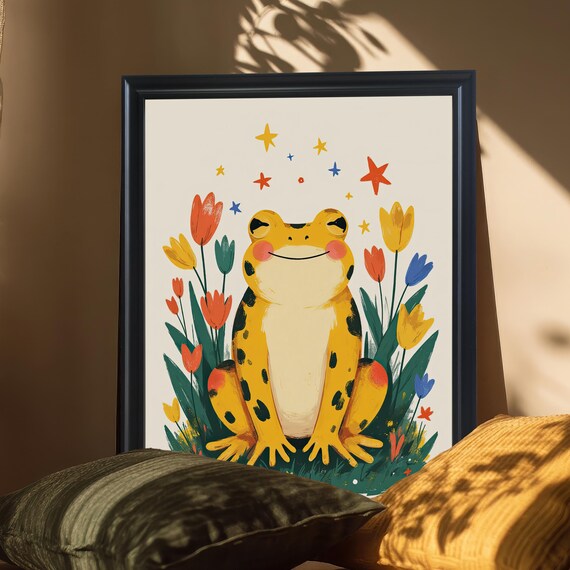 Frog In Flowers, Whimsical Kids Room Art Print