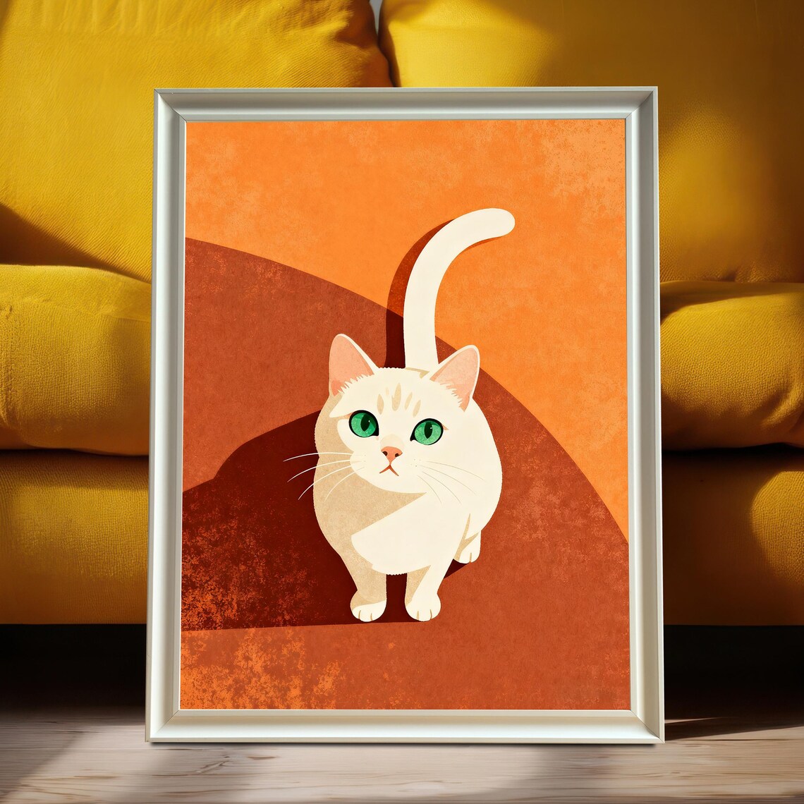 Minimalist White Cat Art Print, Wood Frame Decor