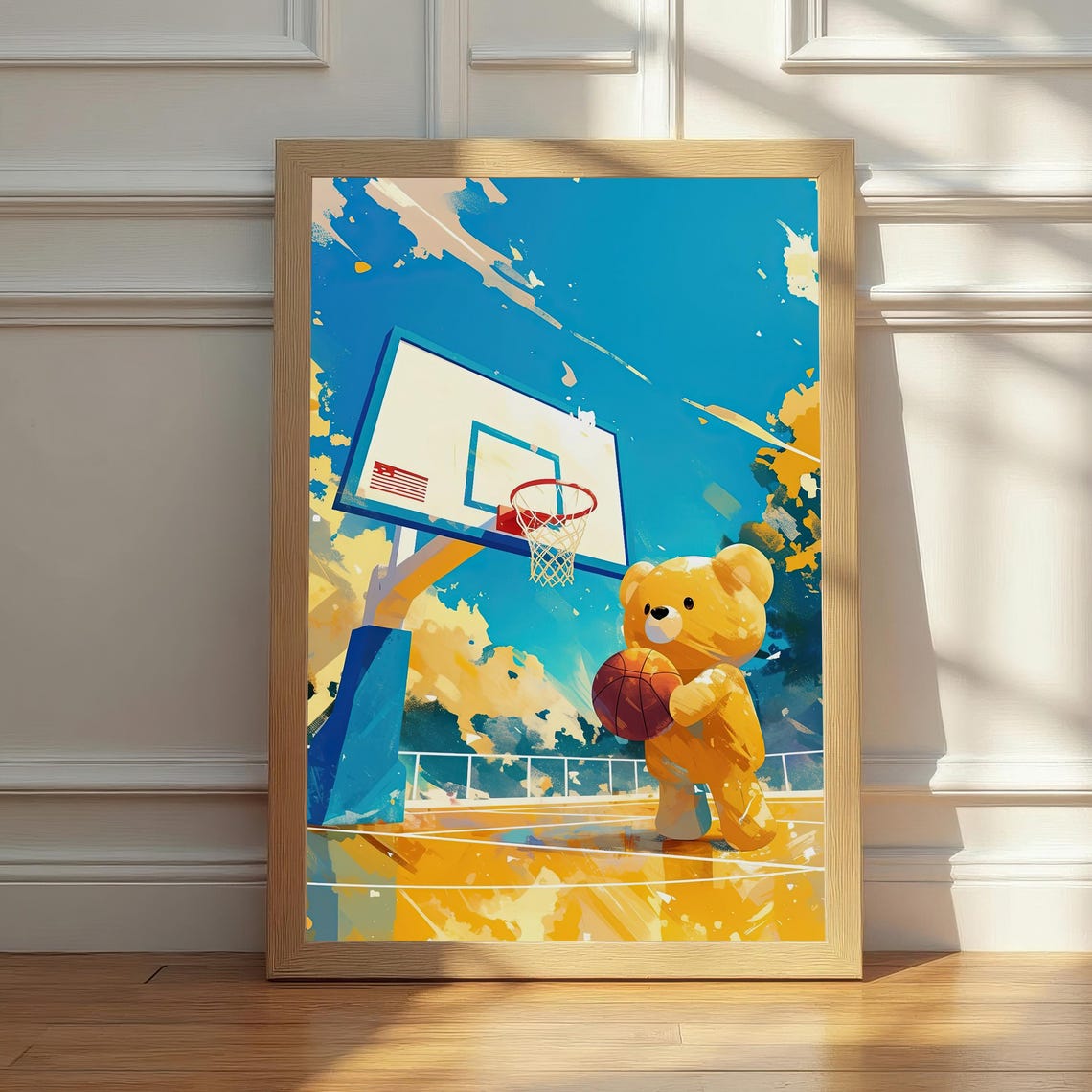 Playful Teddy Bear Basketball Slam Dunk Kids Room Art Poster