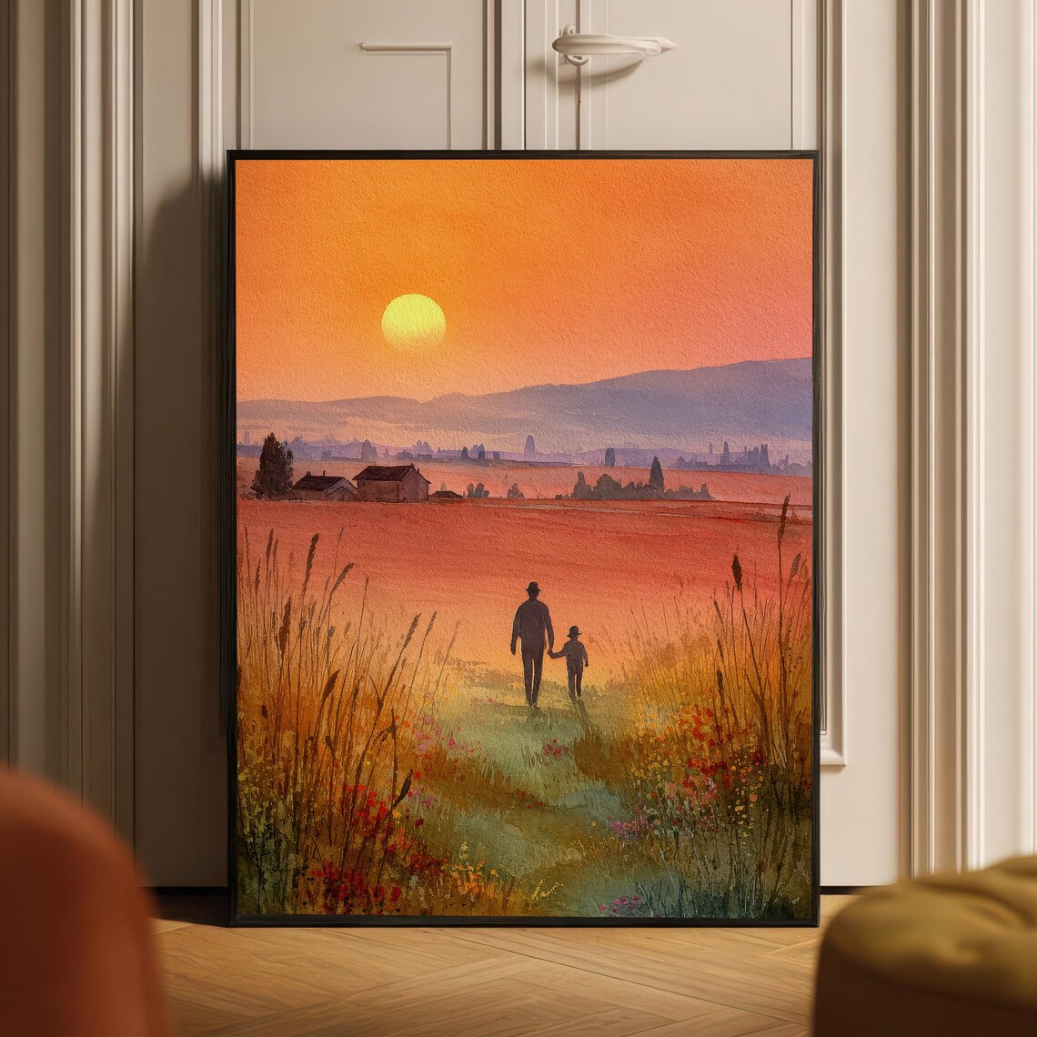 Father and Child Silhouette Sunset Countryside Watercolor Print