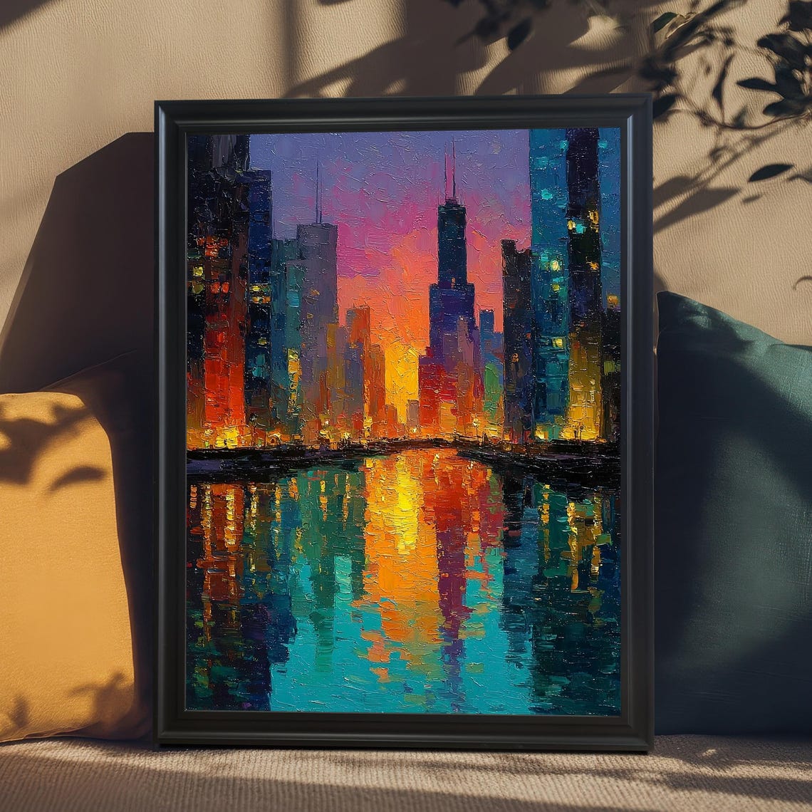 Chicago Skyline Sunset River Reflection Bold Vibrant City Poster