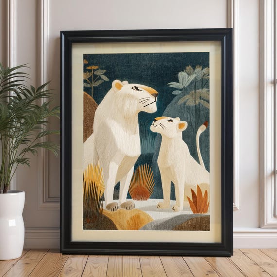 White Lion And Cub Wall Art Print Wood Frame Nursery Decor