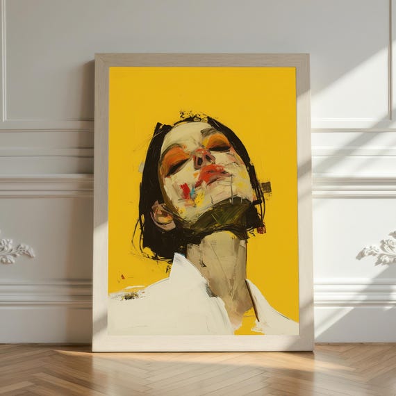 Expressive Female Portrait Art Yellow Background Painterly Style Wall Decor Bold Color Emotional Face