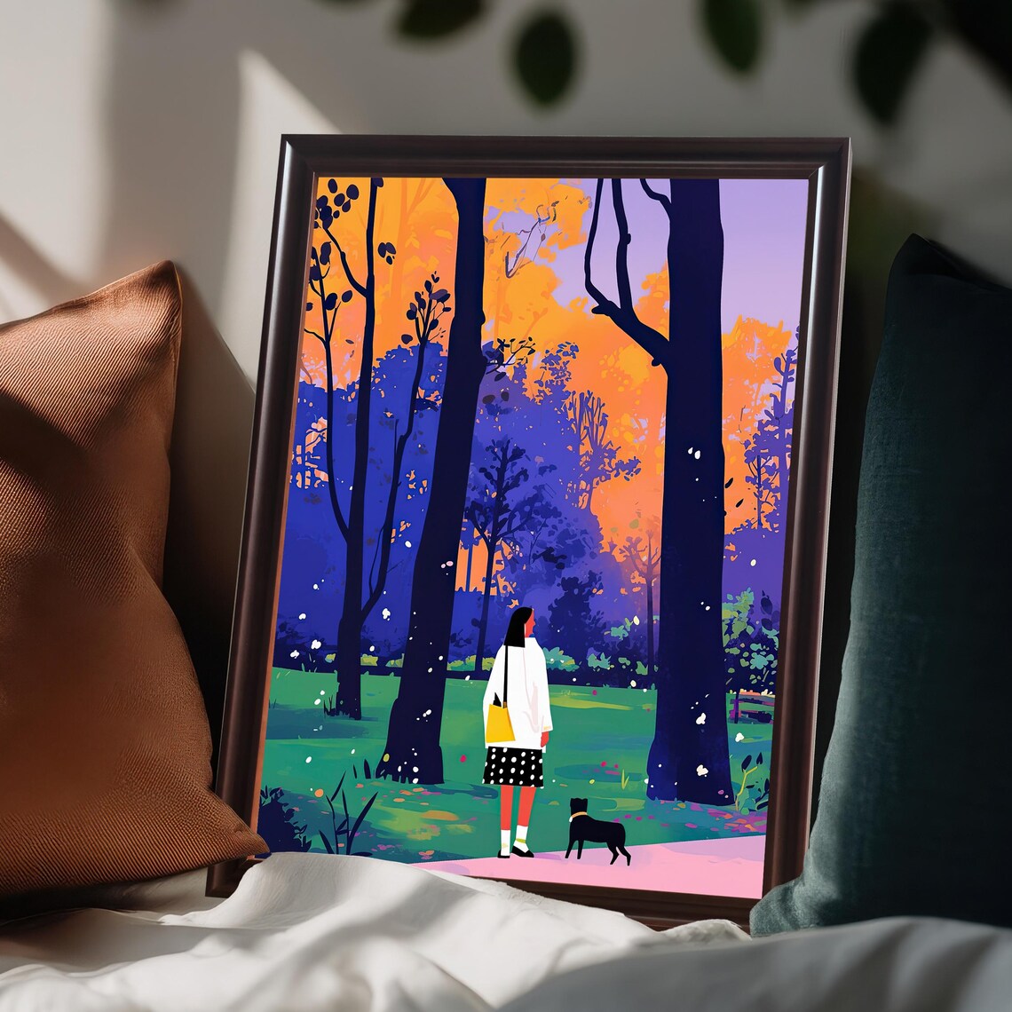 Woman Walking Dog In Autumn Forest Sunset Colorful Art Poster