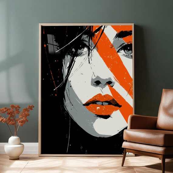Striking Modern Woman Portrait Art Bold Orange Black Edgy Female Wall Decor