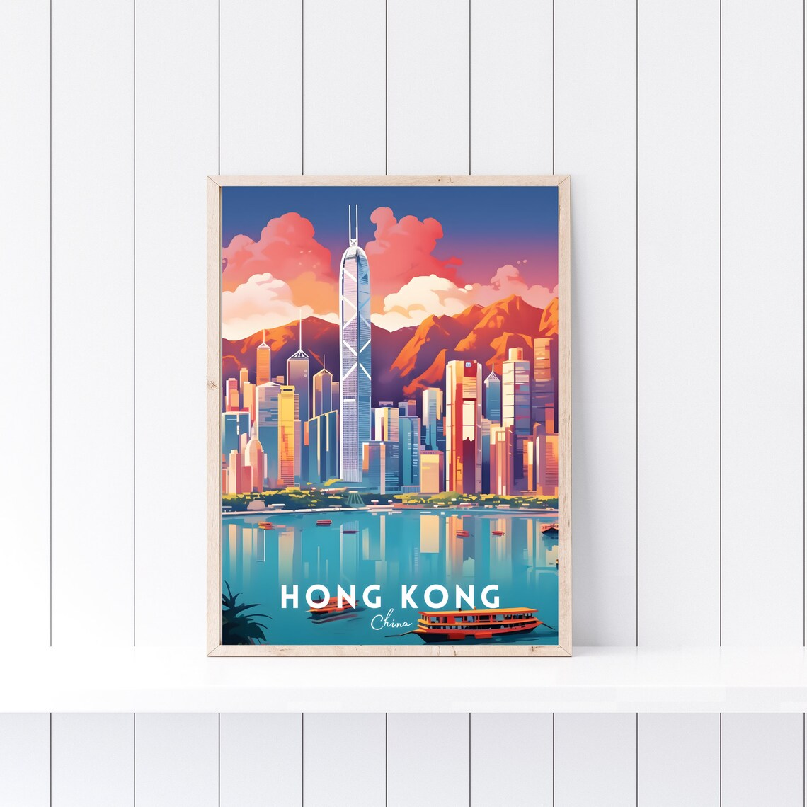 Hong Kong China Victoria Harbour Sunset Skyline Travel Poster - Image 2